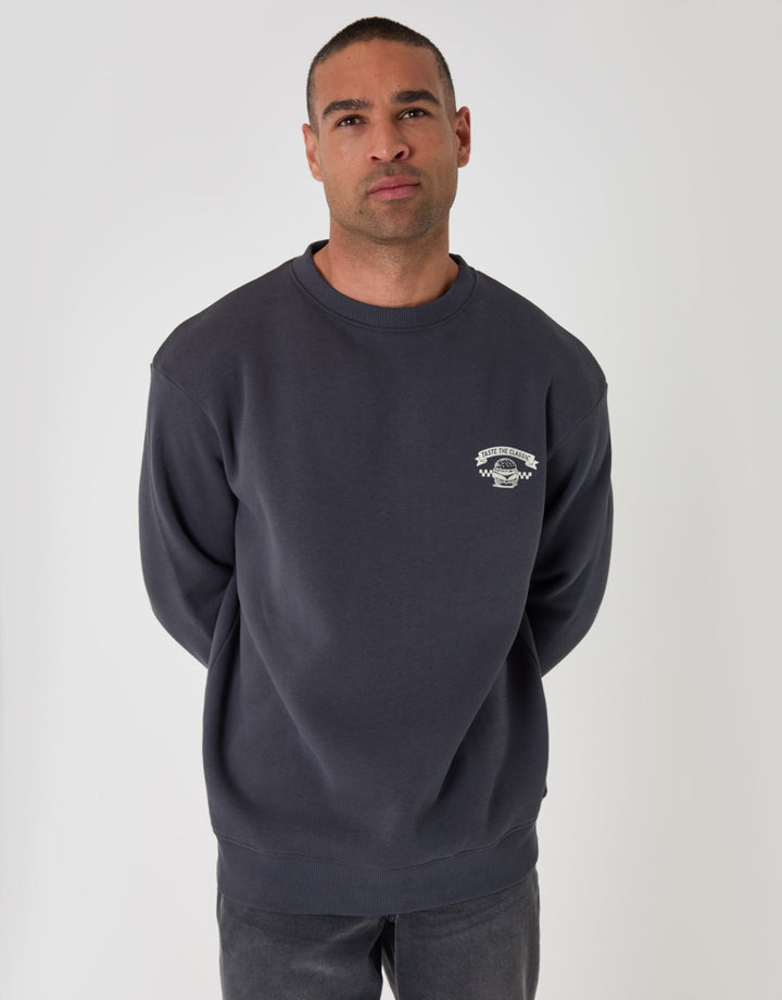 Threadbare Relaxed Fit Taste the Classics Graphic Print Sweatshirt in Charcoal - front view