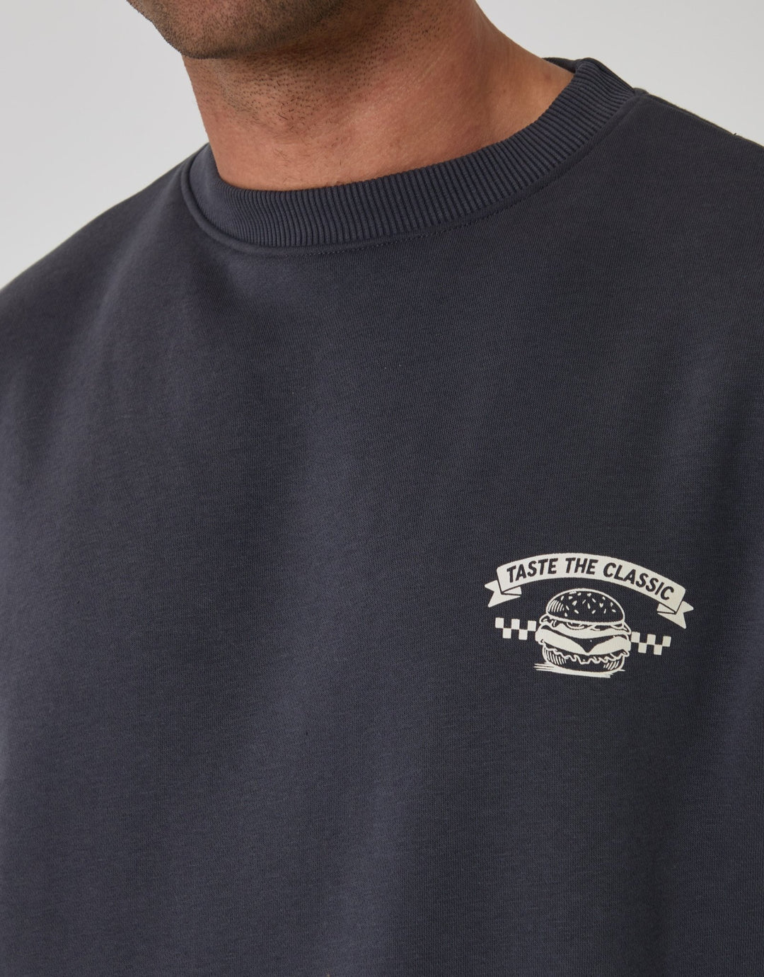 Threadbare Relaxed Fit Taste the Classics Graphic Print Sweatshirt in Charcoal - close up