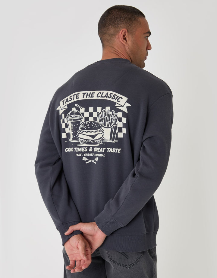Threadbare Relaxed Fit Taste the Classics Graphic Print Sweatshirt in Charcoal - full back