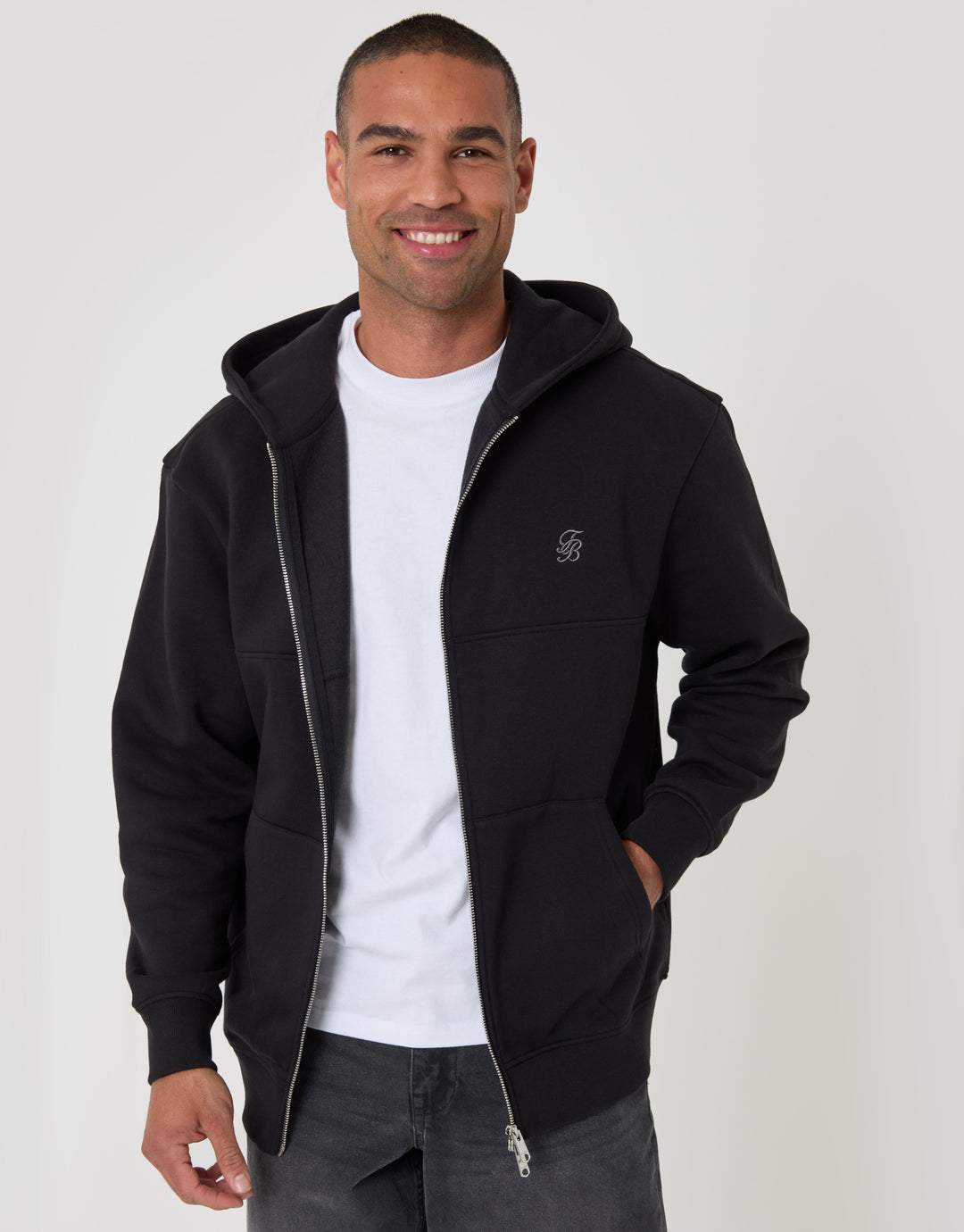 Relaxed Fit Cotton Rich Zip Through Hoodie in Black