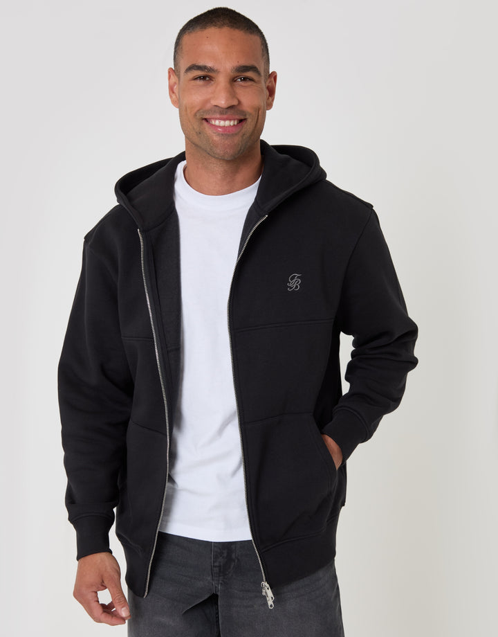 Relaxed Fit Cotton Rich Zip Through Hoodie in Black