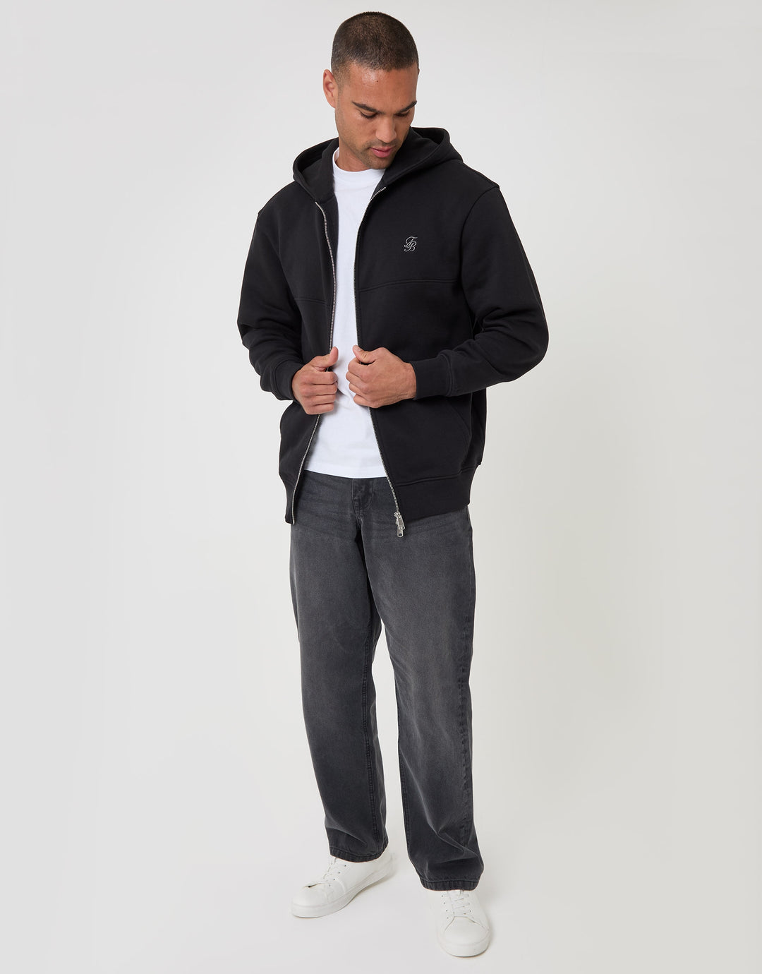 Relaxed Fit Cotton Rich Zip Through Hoodie in Black
