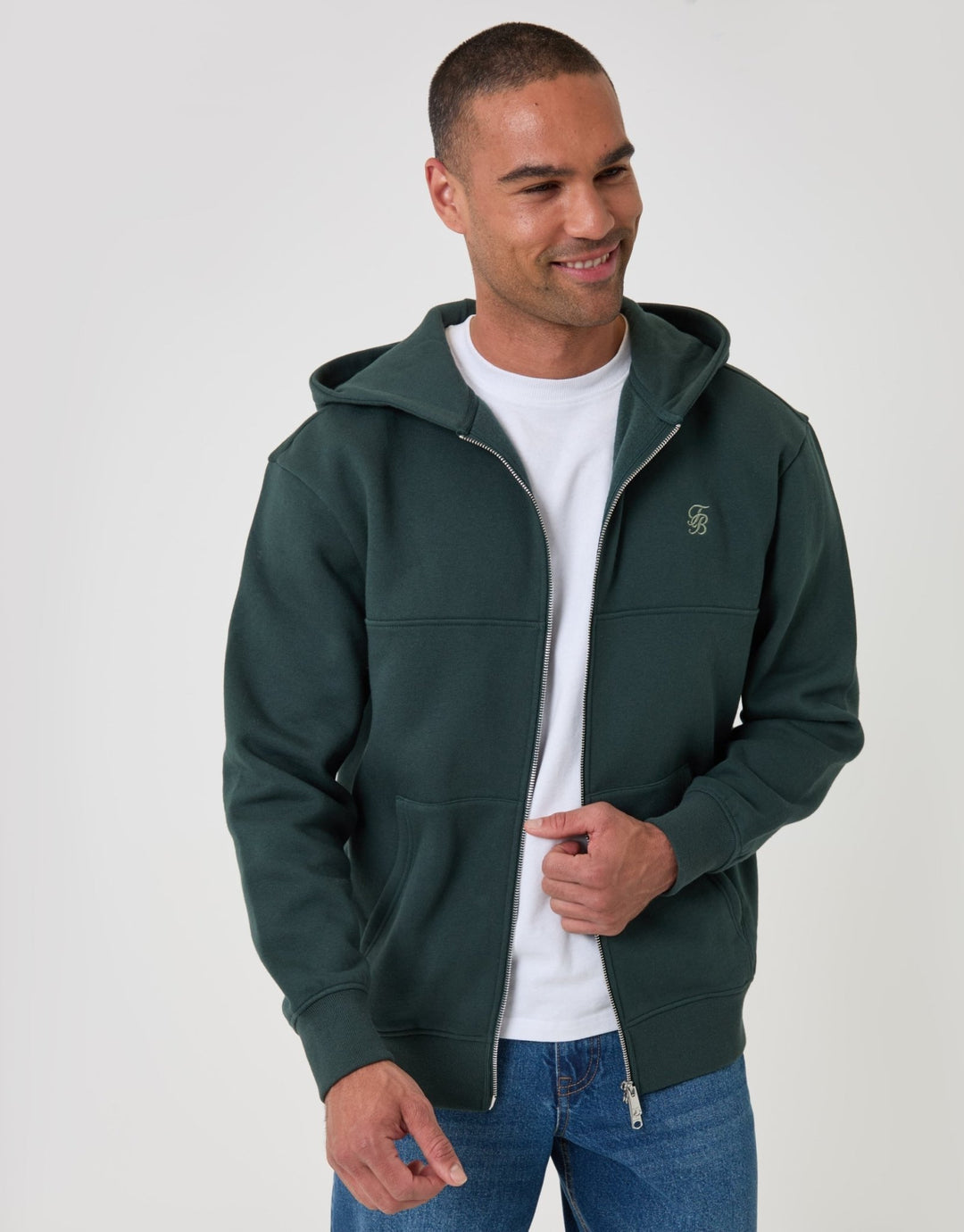 Relaxed Fit Cotton Rich Zip Through Hoodie in Teal Green