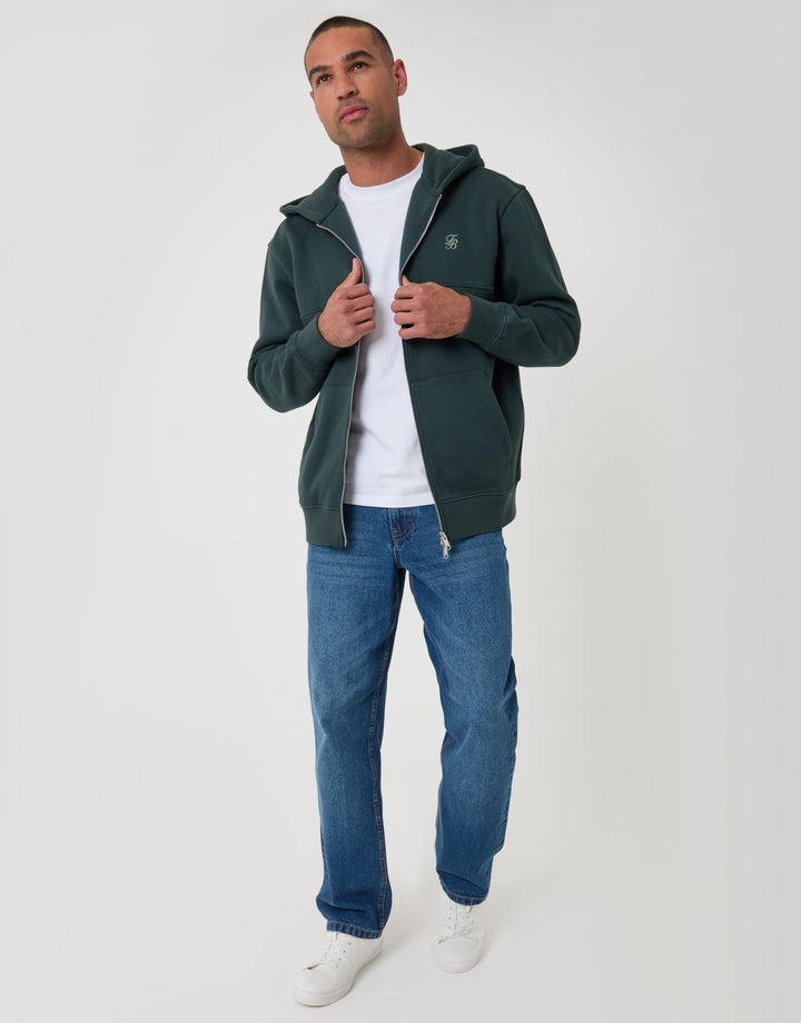 Relaxed Fit Cotton Rich Zip Through Hoodie in Teal Green