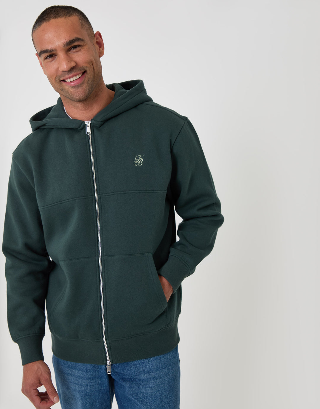 Relaxed Fit Cotton Rich Zip Through Hoodie in Teal Green
