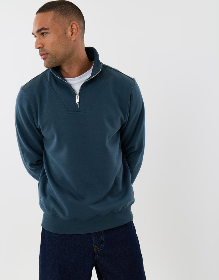 Funnel Neck Quarter Zip Sweatshirt in Teal Green
