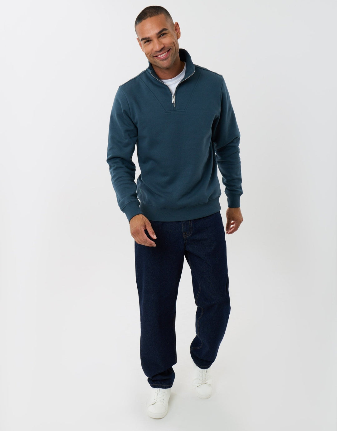 Funnel Neck Quarter Zip Sweatshirt in Teal Green
