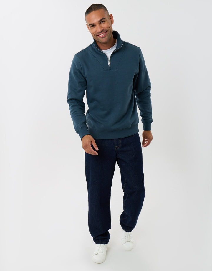 Funnel Neck Quarter Zip Sweatshirt in Teal Green