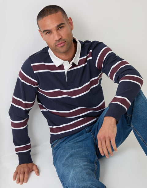 Threadbare Regular Fit Cotton Rugby Polo in Navy & Burgundy Stripe - sat down