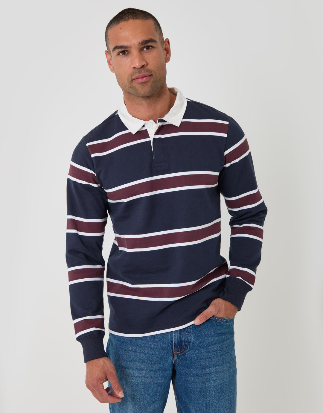 Threadbare Regular Fit Cotton Rugby Polo in Navy & Burgundy Stripe - front view