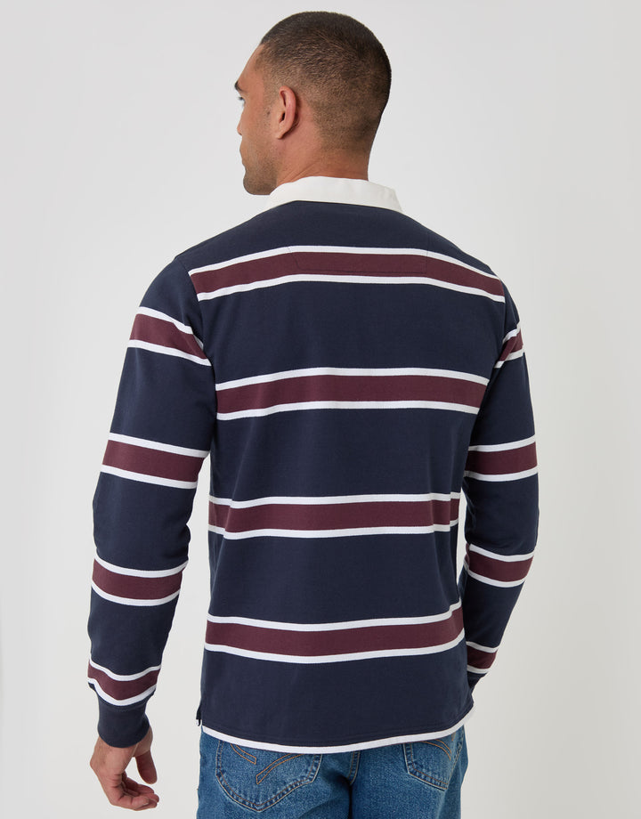 Threadbare Regular Fit Cotton Rugby Polo in Navy & Burgundy Stripe - back view