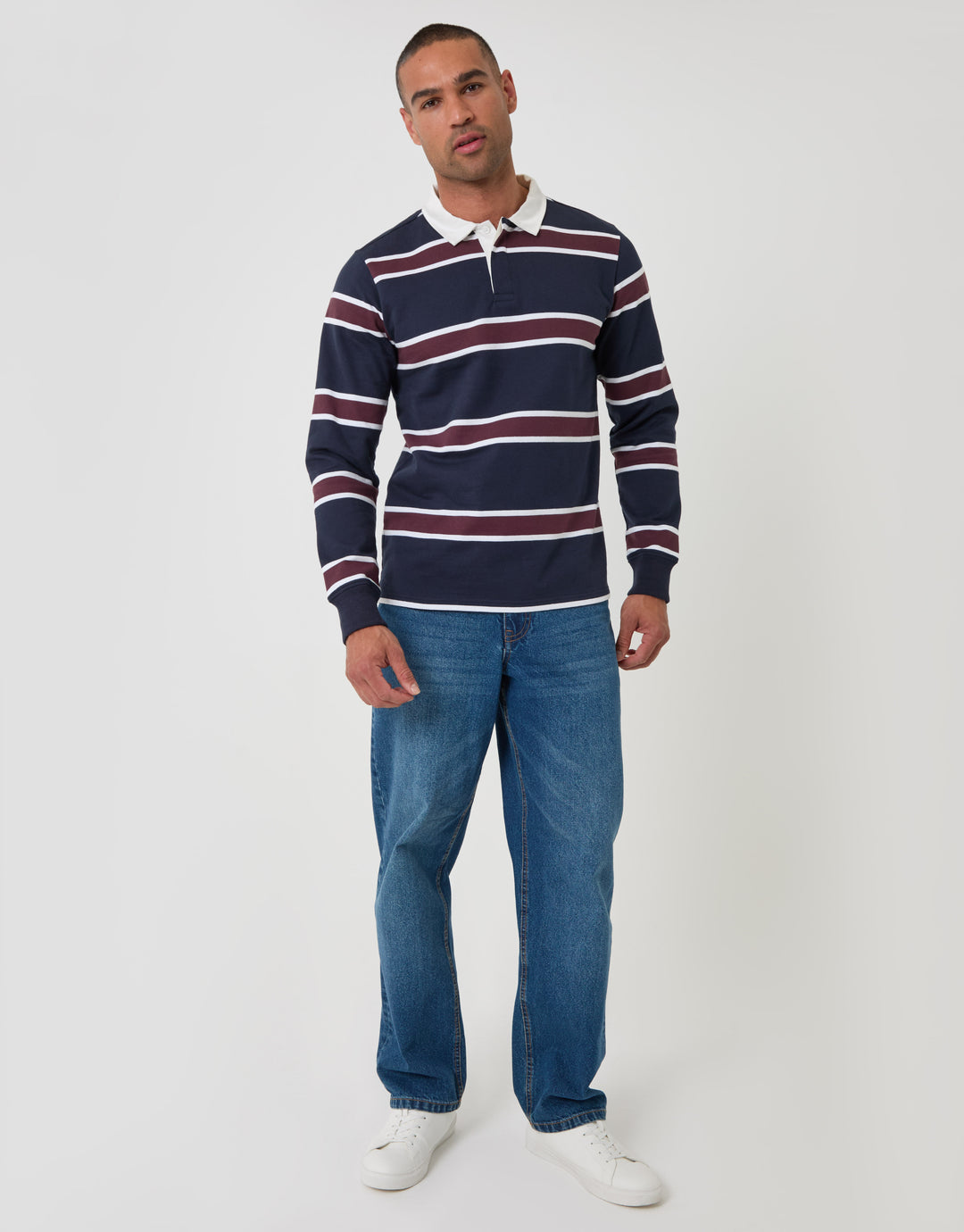 Threadbare Regular Fit Cotton Rugby Polo in Navy & Burgundy Stripe - full body