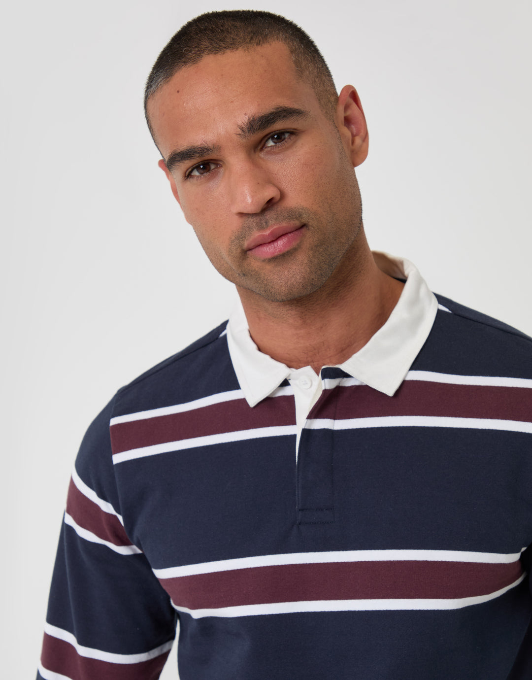 Threadbare Regular Fit Cotton Rugby Polo in Navy & Burgundy Stripe - close up
