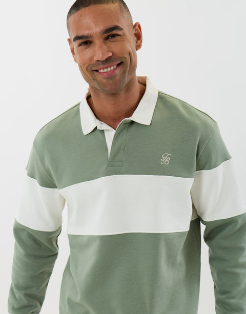 Threadbare Relaxed Fit Cotton Rich Rugby Polo in Sage & Ecru Stripe - detail