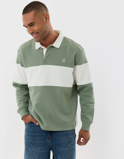 Threadbare Relaxed Fit Cotton Rich Rugby Polo in Sage & Ecru Stripe - front view