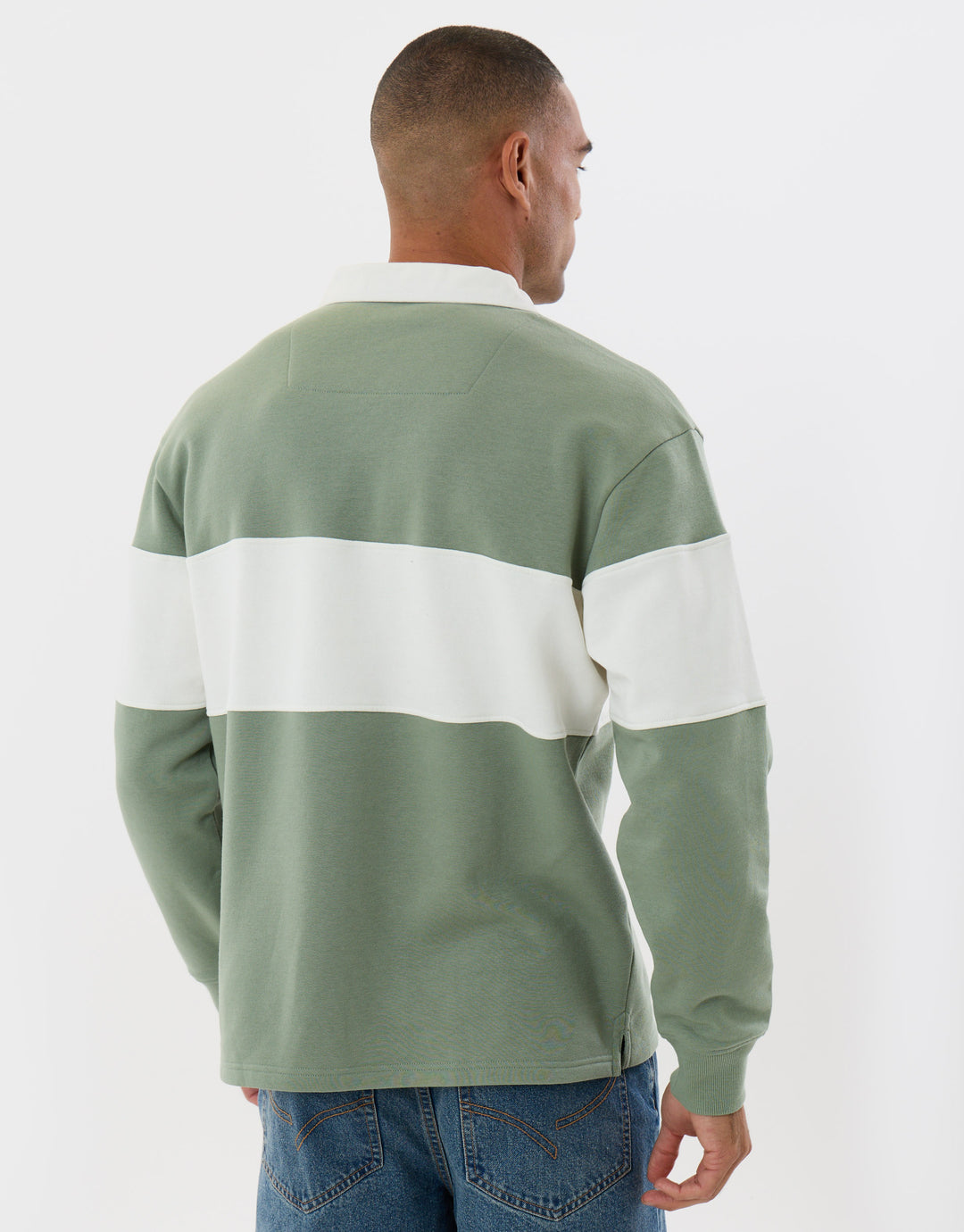 Threadbare Relaxed Fit Cotton Rich Rugby Polo in Sage & Ecru Stripe - back view