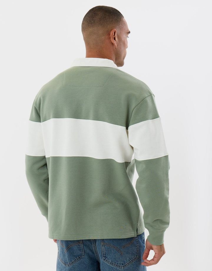 Threadbare Relaxed Fit Cotton Rich Rugby Polo in Sage & Ecru Stripe - back view