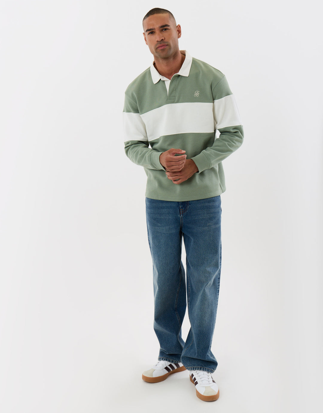 Threadbare Relaxed Fit Cotton Rich Rugby Polo in Sage & Ecru Stripe - full body