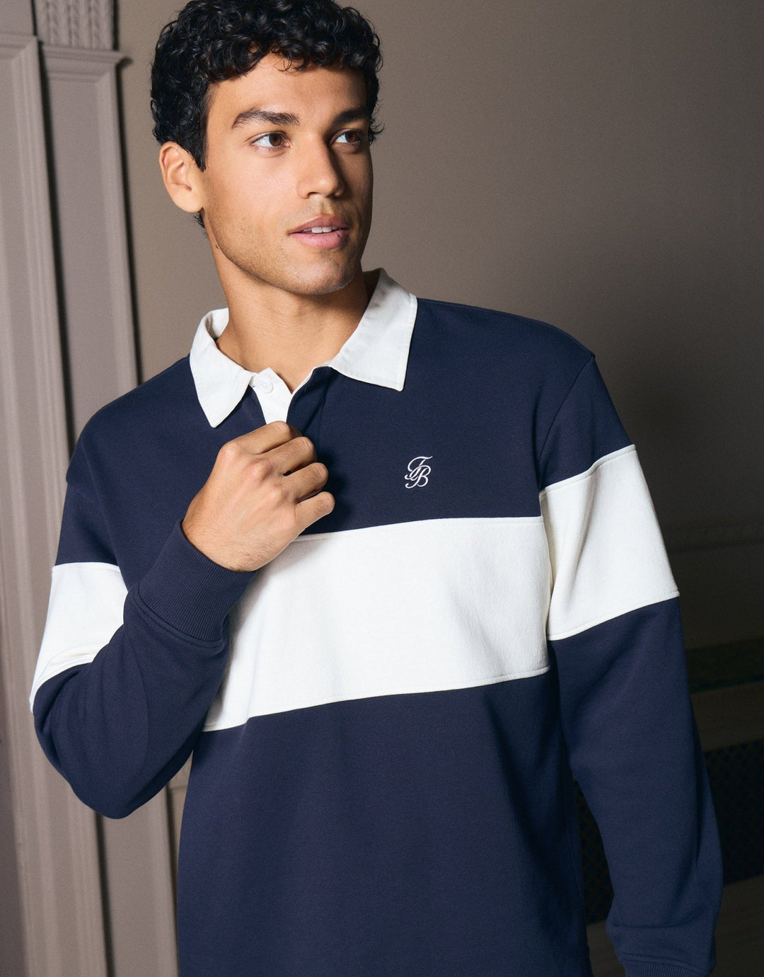 Relaxed Fit Cotton Rich Rugby Polo in Navy & Ecru Stripe