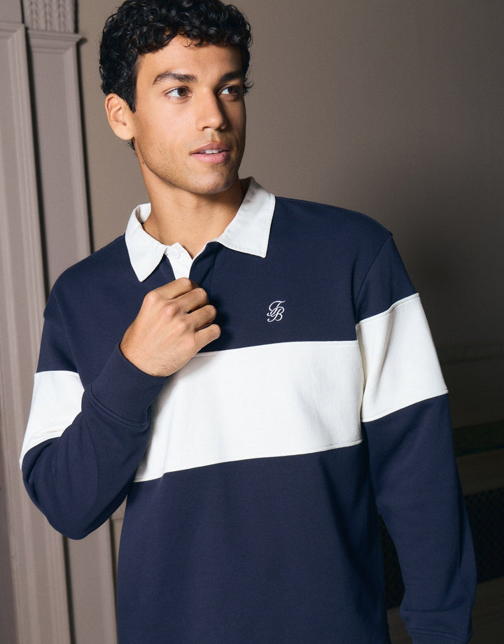 Relaxed Fit Cotton Rich Rugby Polo in Navy & Ecru Stripe