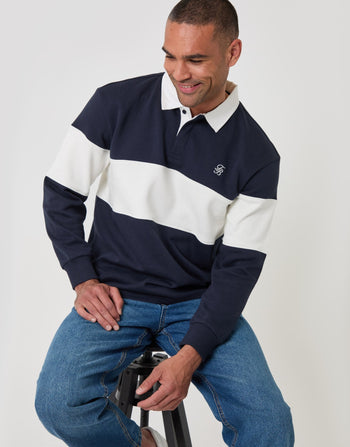 Threadbare Relaxed Fit Cotton Rich Rugby Polo in Navy & Ecru Stripe - sat down