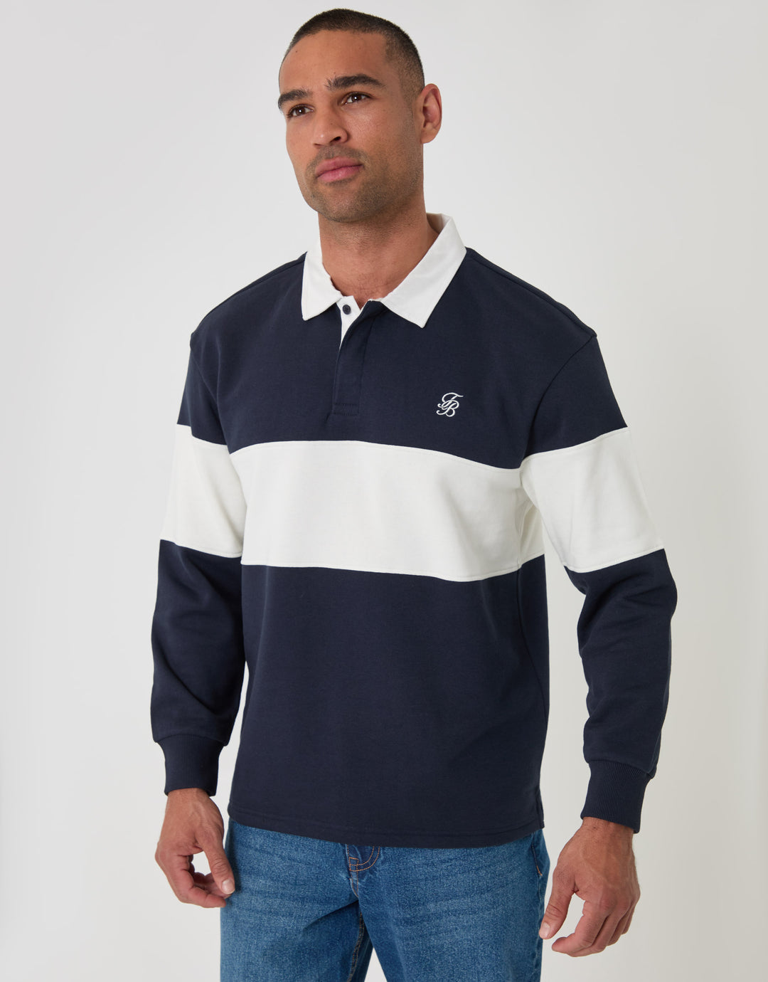 Threadbare Relaxed Fit Cotton Rich Rugby Polo in Navy & Ecru Stripe - front view