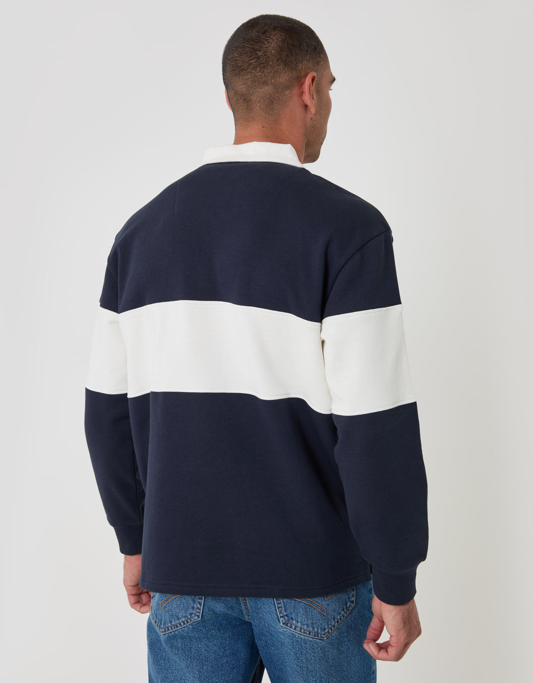Threadbare Relaxed Fit Cotton Rich Rugby Polo in Navy & Ecru Stripe - back view