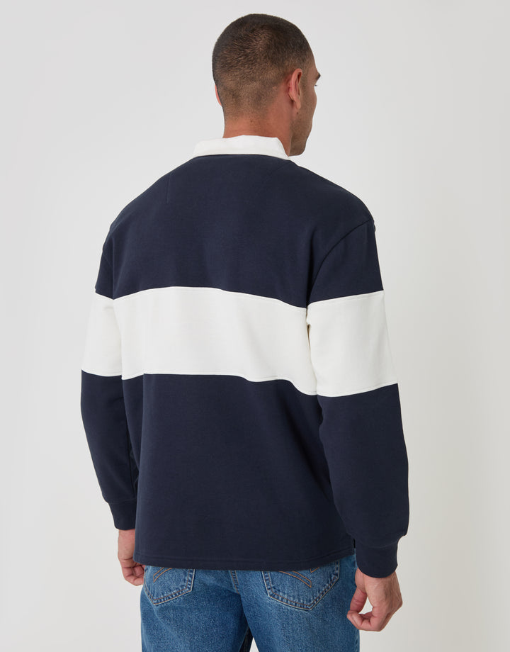 Threadbare Relaxed Fit Cotton Rich Rugby Polo in Navy & Ecru Stripe - back view