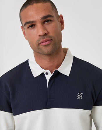 Threadbare Relaxed Fit Cotton Rich Rugby Polo in Navy & Ecru Stripe - close up