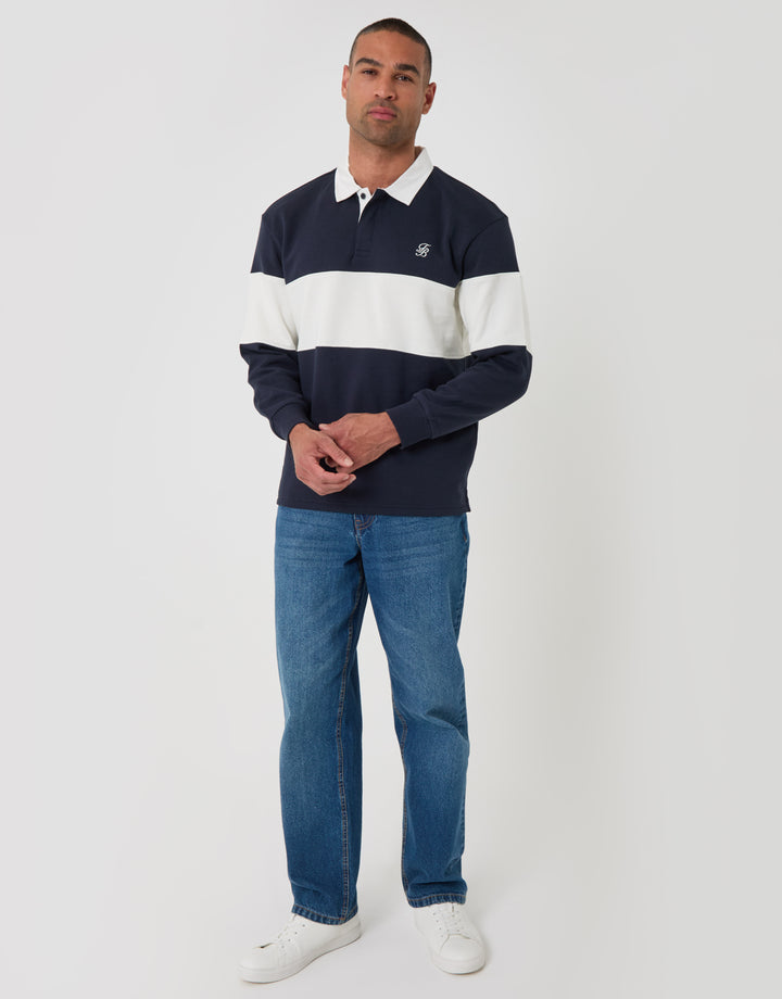 Threadbare Relaxed Fit Cotton Rich Rugby Polo in Navy & Ecru Stripe - full body