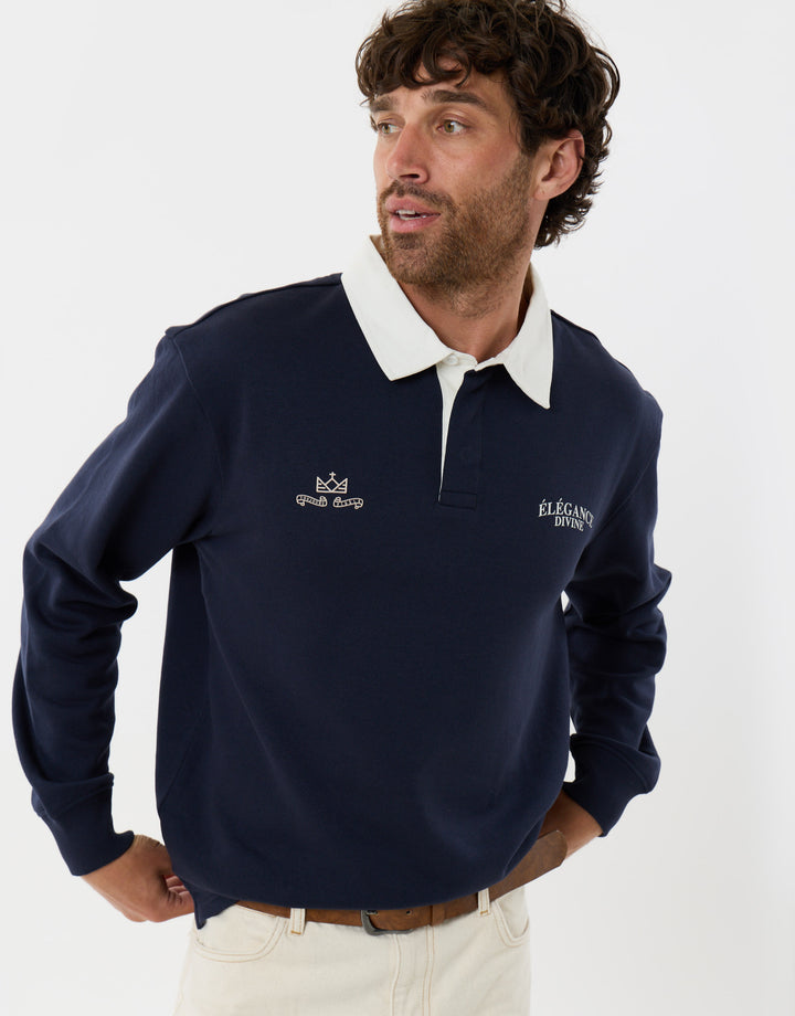 Threadbare Relaxed Fit Divine Graphic Print Rugby Polo in Navy - front view