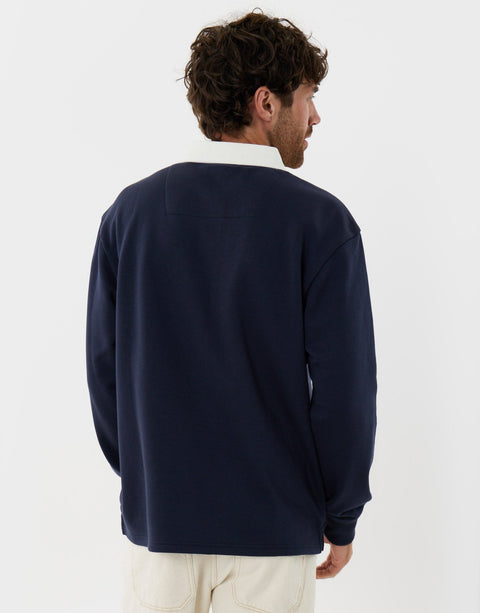Threadbare Relaxed Fit Divine Graphic Print Rugby Polo in Navy - back view