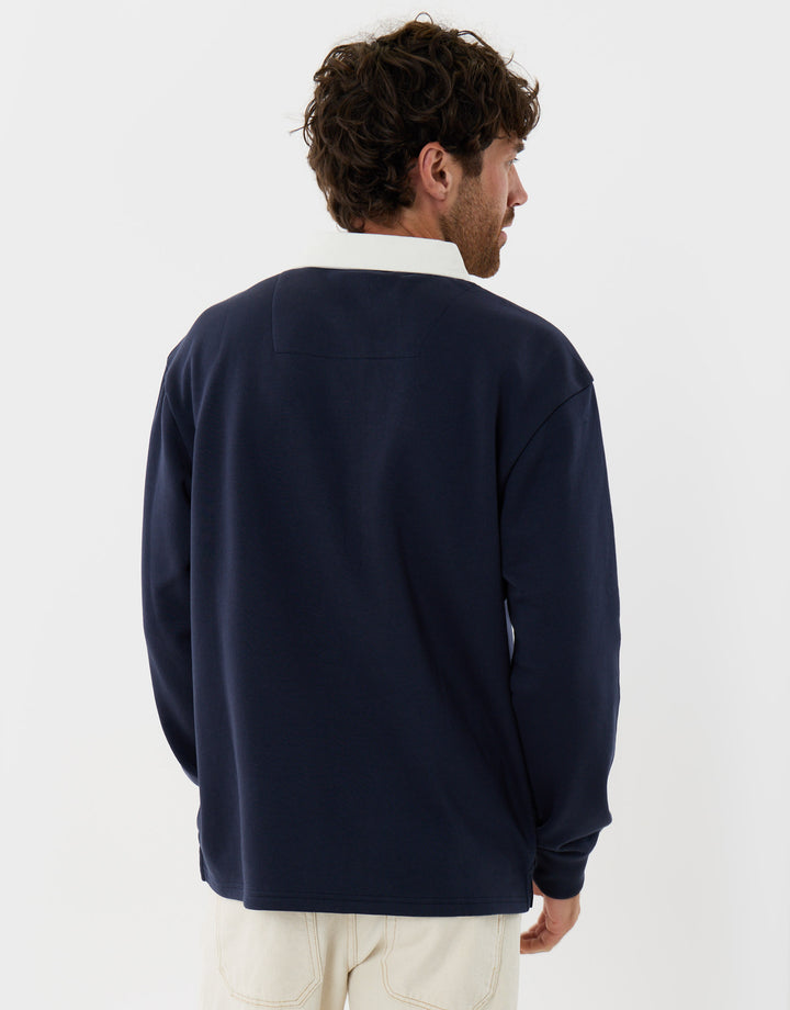 Threadbare Relaxed Fit Divine Graphic Print Rugby Polo in Navy - back view