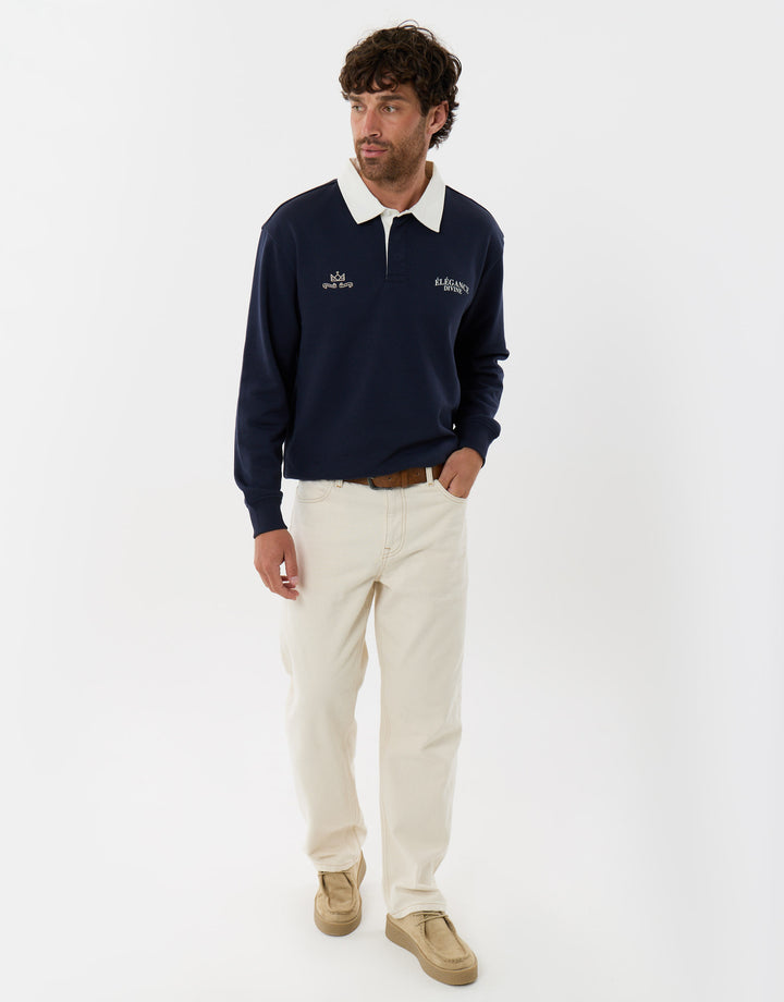 Threadbare Relaxed Fit Divine Graphic Print Rugby Polo in Navy - full body