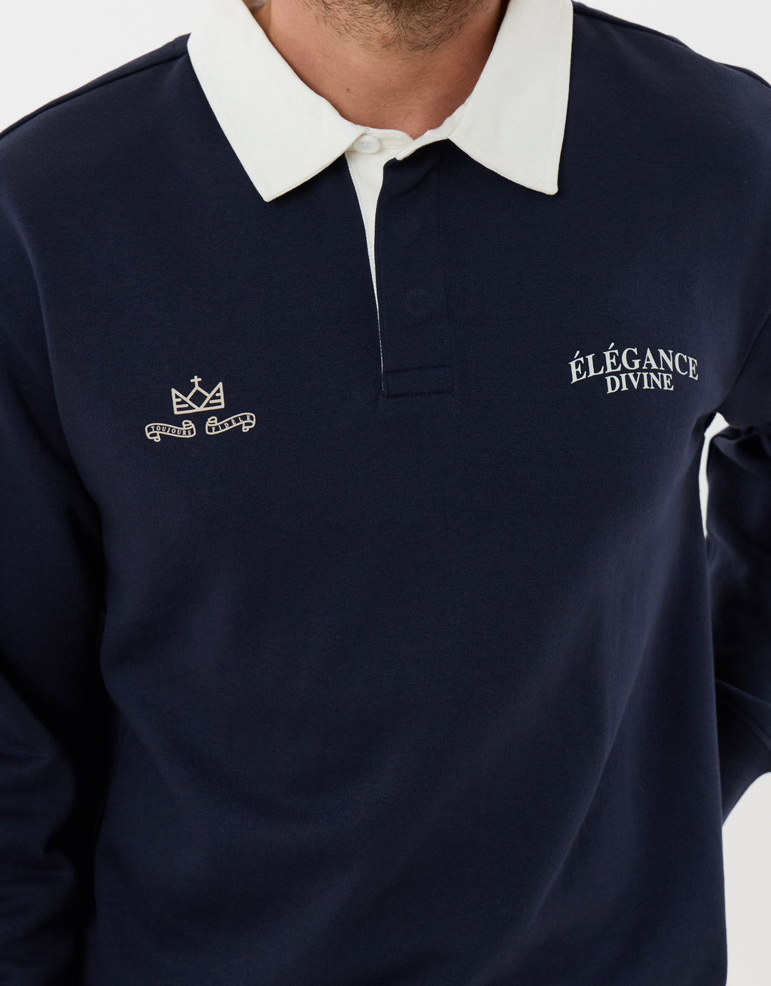 Threadbare Relaxed Fit Divine Graphic Print Rugby Polo in Navy - close up