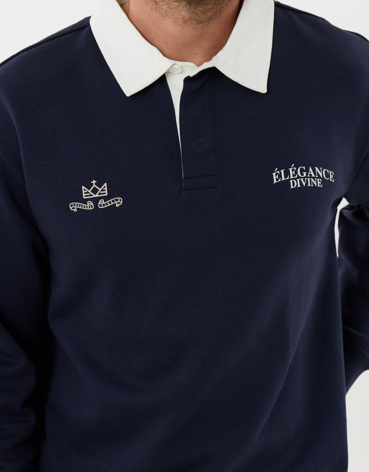 Threadbare Relaxed Fit Divine Graphic Print Rugby Polo in Navy - close up