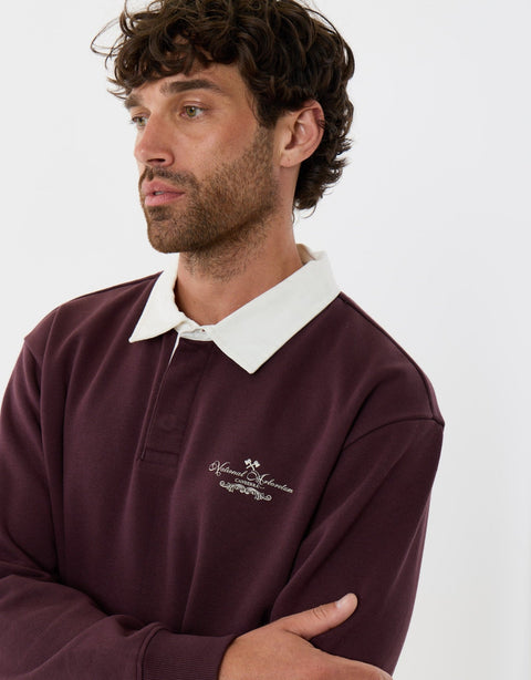 Threadbare Relaxed Fit Cotton Canberra Rugby Polo in Burgundy - close up