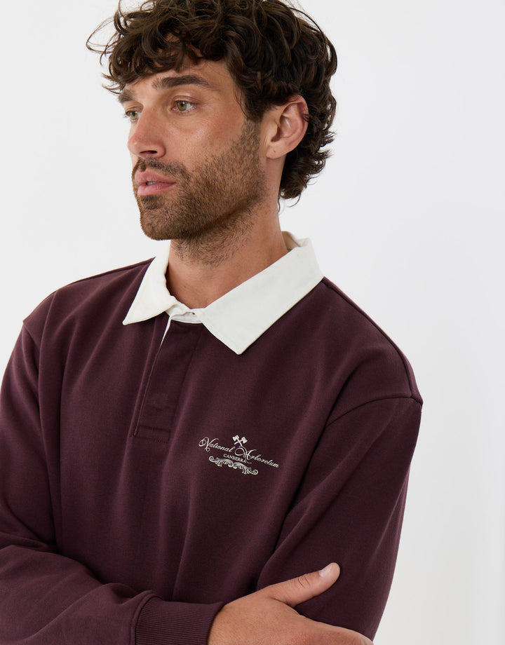 Threadbare Relaxed Fit Cotton Canberra Rugby Polo in Burgundy - close up