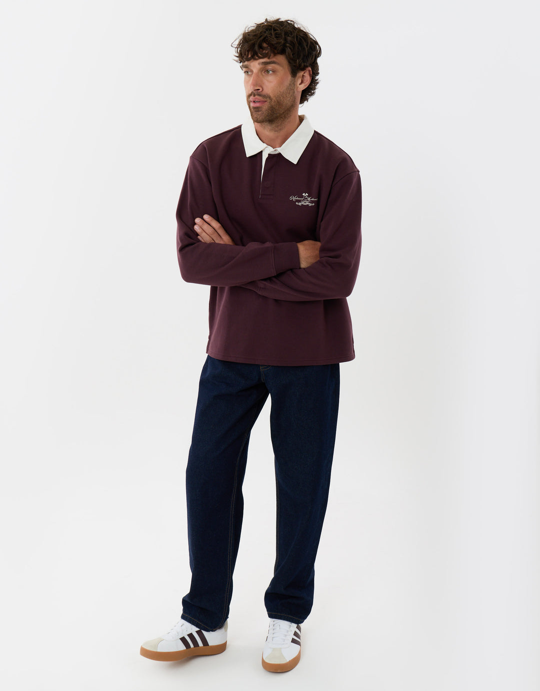 Threadbare Relaxed Fit Cotton Canberra Rugby Polo in Burgundy - full body