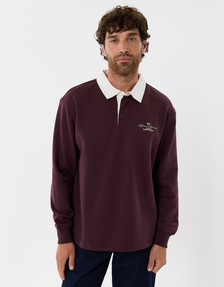 Threadbare Relaxed Fit Cotton Canberra Rugby Polo in Burgundy - front view