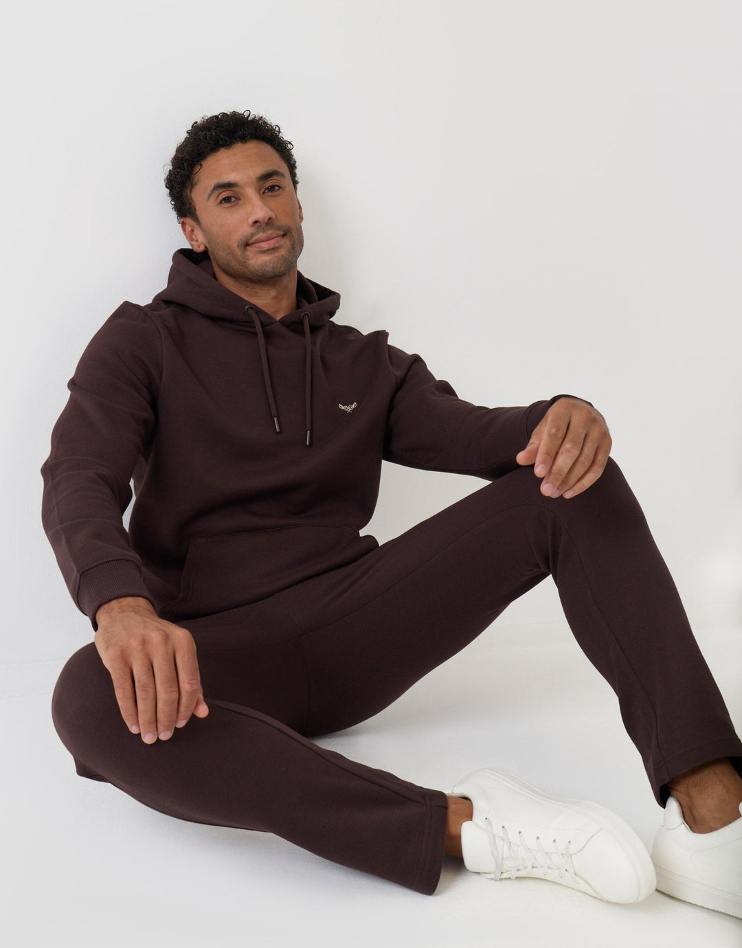 Threadbare Cotton Rich Hoodie and Jogger Set in Chocolate Brown - sat down