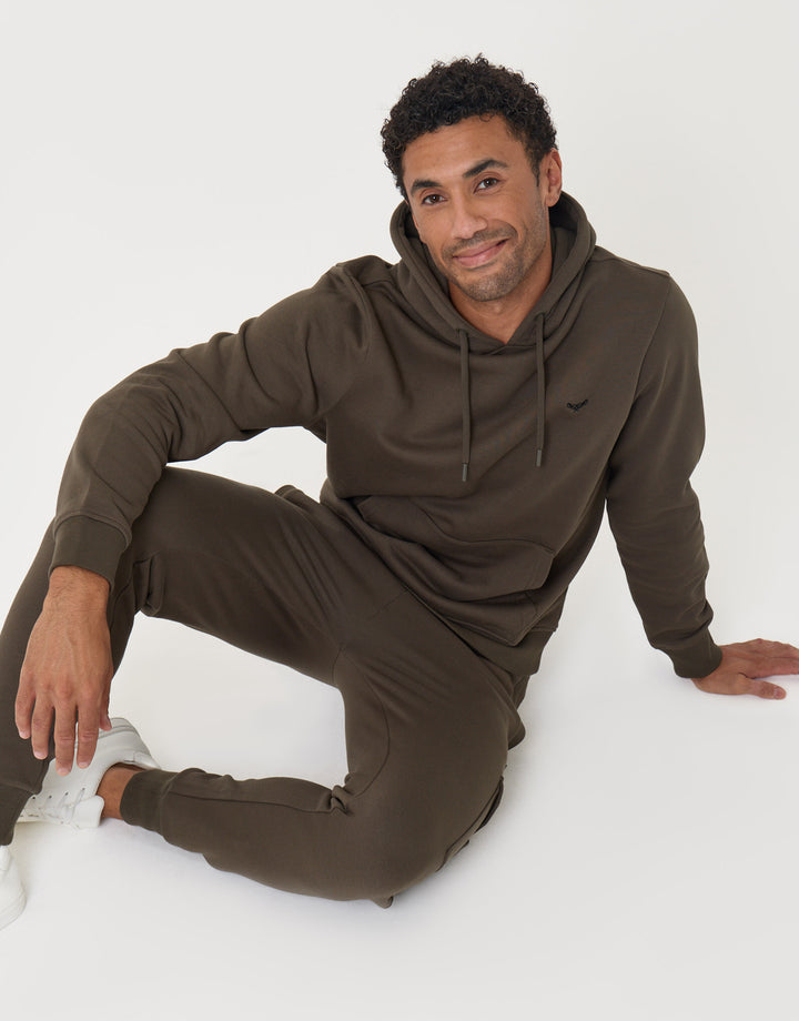 Threadbare Cotton Rich Hoodie and Cargo Jogger Set in Khaki - sat down