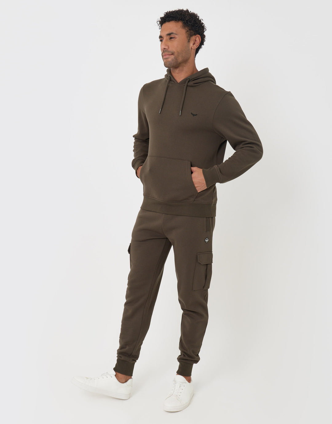 Threadbare Cotton Rich Hoodie and Cargo Jogger Set in Khaki - front view