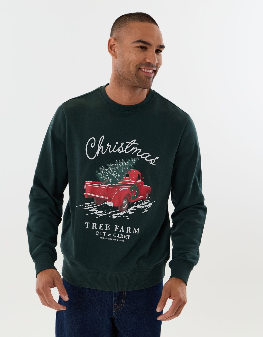 Threadbare Christmas Tree Farm Graphic Print Sweatshirt in Forest Green -  front view
