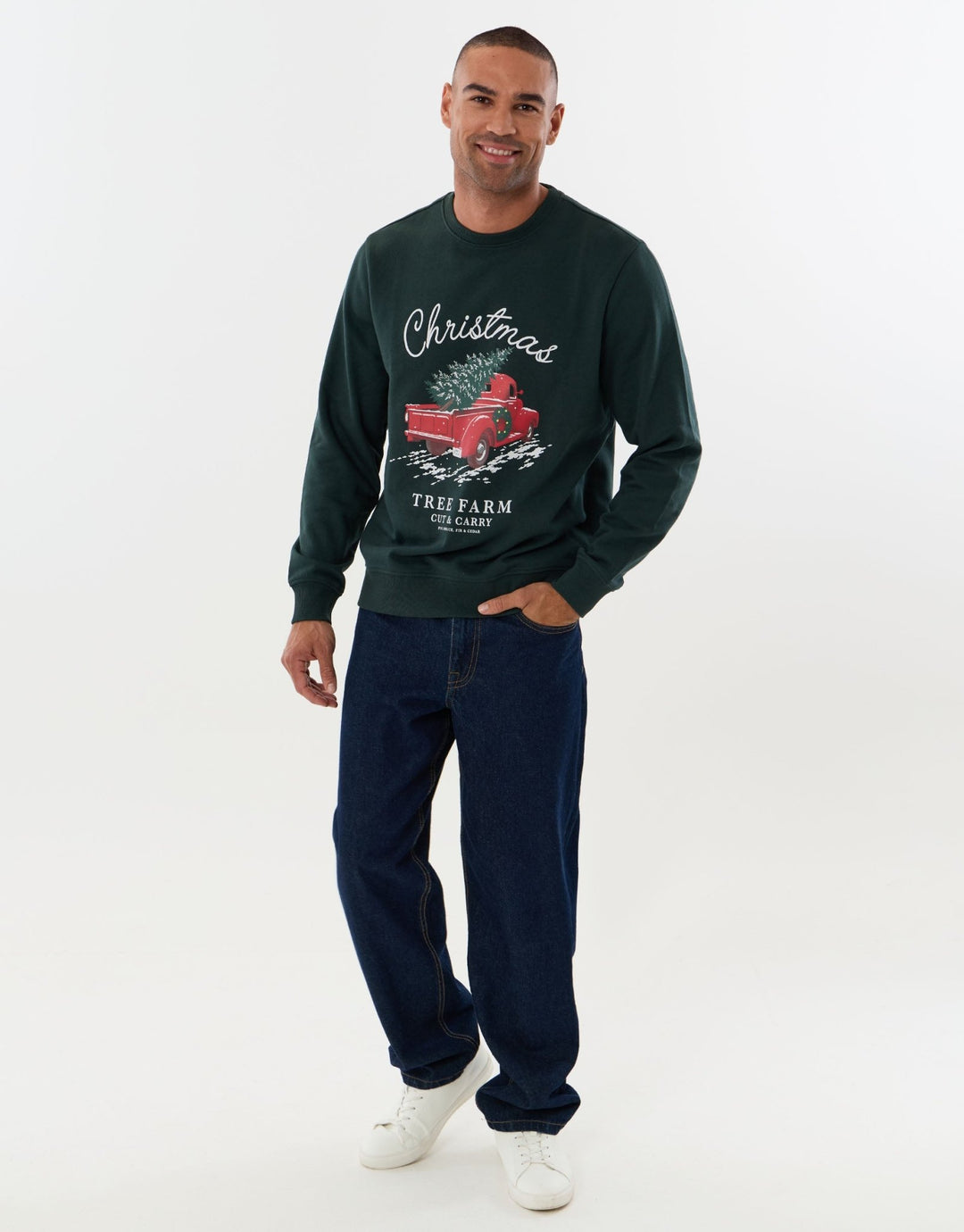 Threadbare Christmas Tree Farm Graphic Print Sweatshirt in Forest Green - full view