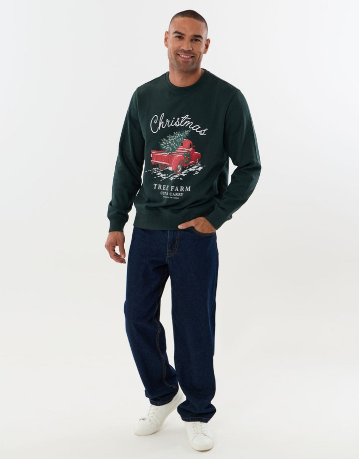 Threadbare Christmas Tree Farm Graphic Print Sweatshirt in Forest Green - full view