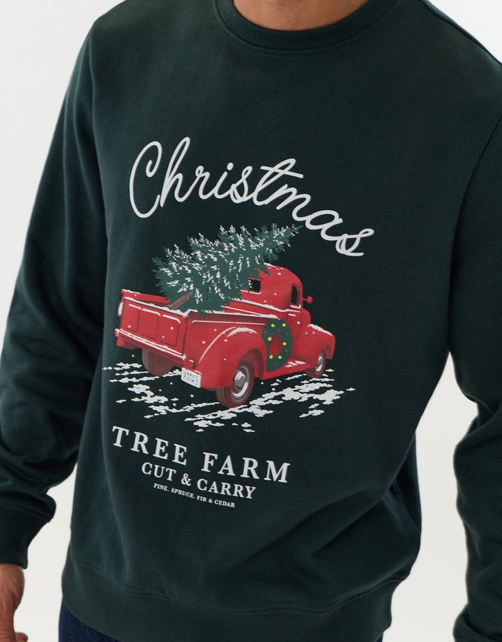 Threadbare Christmas Tree Farm Graphic Print Sweatshirt in Forest Green - close up