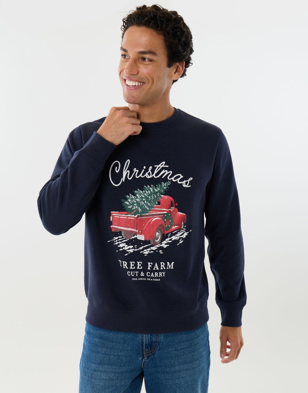 Threadbare Christmas Tree Farm Graphic Print Sweatshirt in Navy -  front view