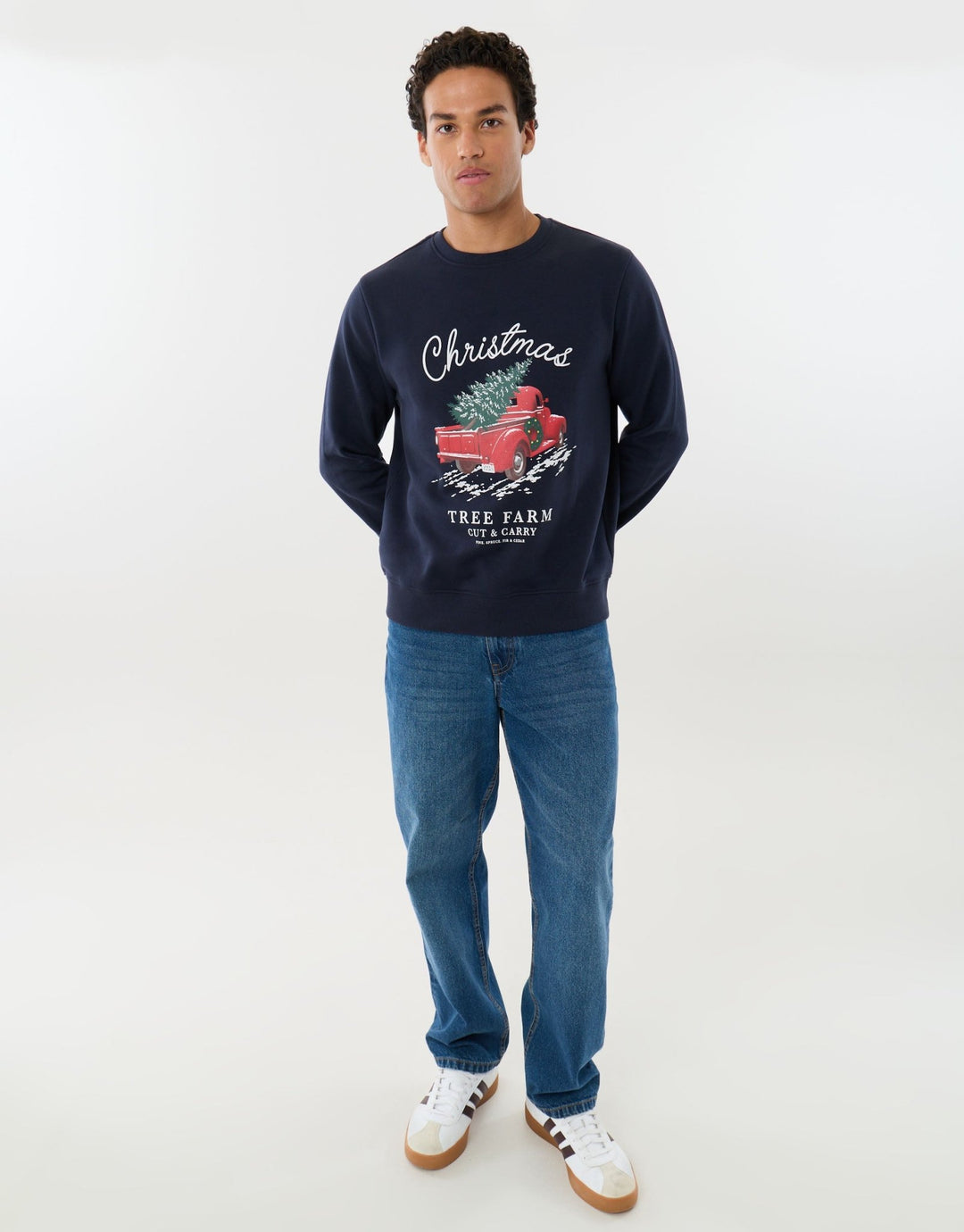Threadbare Christmas Tree Farm Graphic Print Sweatshirt in Navy - full view
