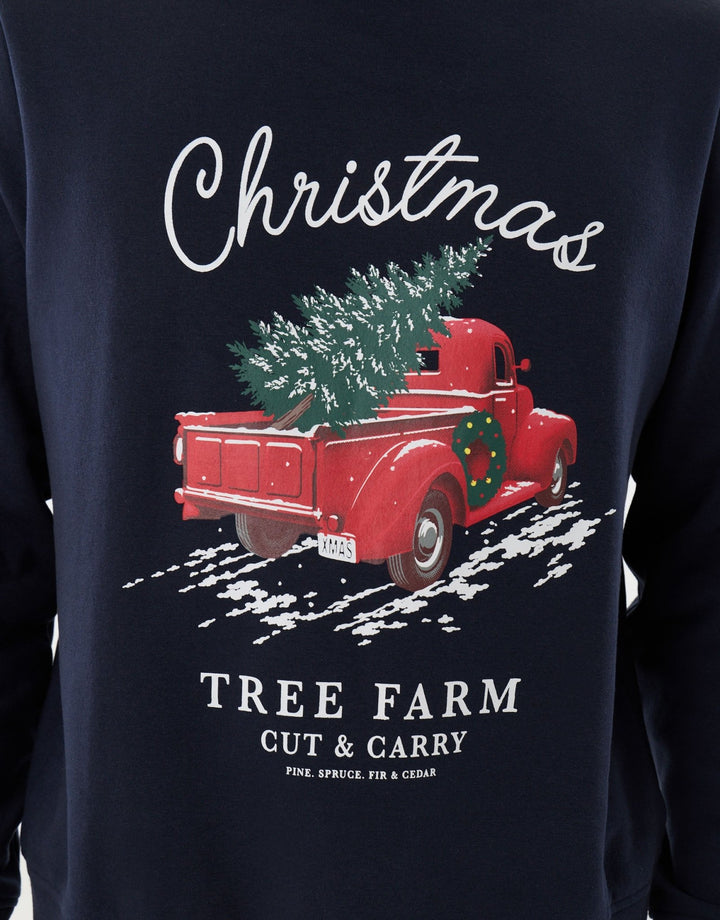 Threadbare Christmas Tree Farm Graphic Print Sweatshirt in Navy - close up